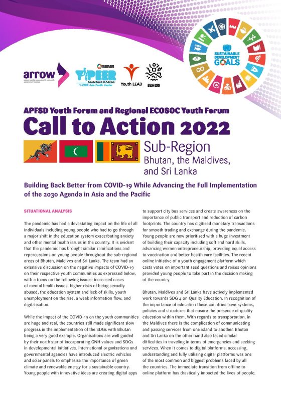 APFSD Youth Forum Call to Action 2022: Bhutan, the Maldives, and Sri Lanka