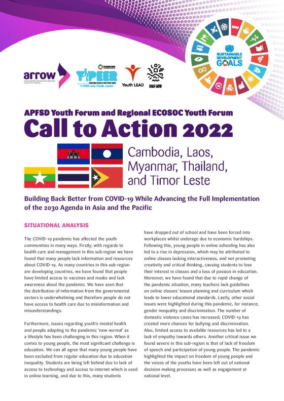 APFSD Youth Forum Call to Action 2022: Cambodia, Laos, Myanmar, Thailand, and Timor Leste