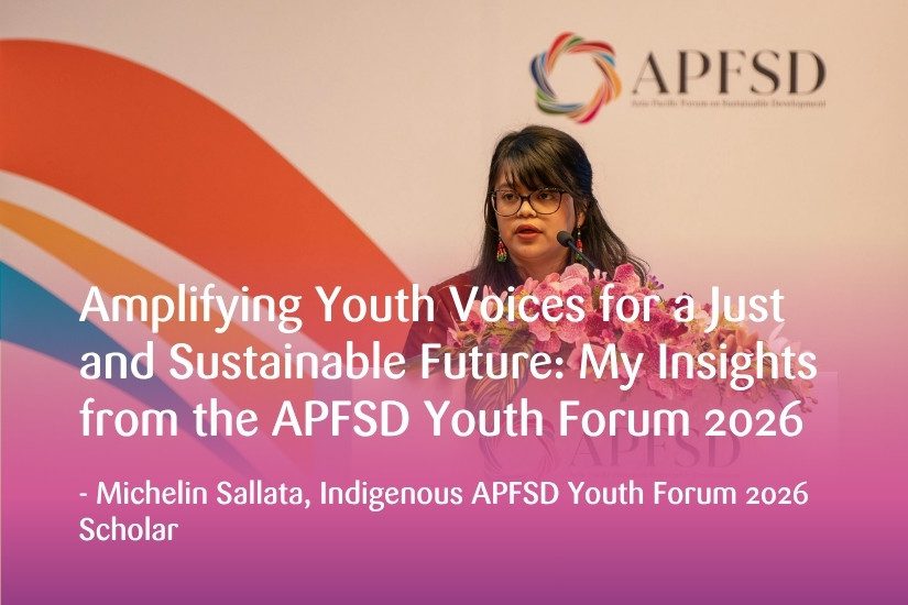 Michelin Sallata, an Indigenous APFSD Youth Forum 2026 Scholar, speaks at a podium decorated with pink flowers. Behind her is the APFSD logo. Text overlay: "Amplifying Youth Voices for a Just and Sustainable Future: My Insights from the APFSD Youth Forum 2026." Michelin is presenting the recommendations from the APFSD Youth Forum 2026 Call to Action.
