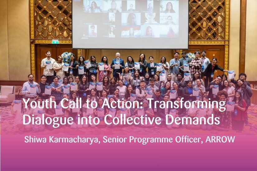 A group photo of the participants and other attendees holding the Youth Call to Action document from the APFSD Youth Forum 2026. Text overlay: "Youth Call to Action: Transforming Dialogue into Collective Demands - Shiwa Karmacharya, Senior Programme Officer, ARROW."