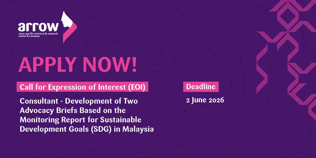 A vacancy announcement poster from ARROW (Asian-Pacific Resource & Research Centre for Women) featuring a purple background with abstract wavy lines and geometric patterns. At the top left, the ARROW logo is displayed. Large pink text below reads "APPLY NOW!". The main text is presented in white on a pink highlighted block: "Call for Expression of Interest (EOI)". Below it, the role is specified: "Consultant - Development of Two Advocacy Briefs Based on the Monitoring Report for Sustainable Development Goals (SDG) in Malaysia". At the bottom left, the word "Deadline" is highlighted in a pink box, with the date "2 June 2026" written below it in white.